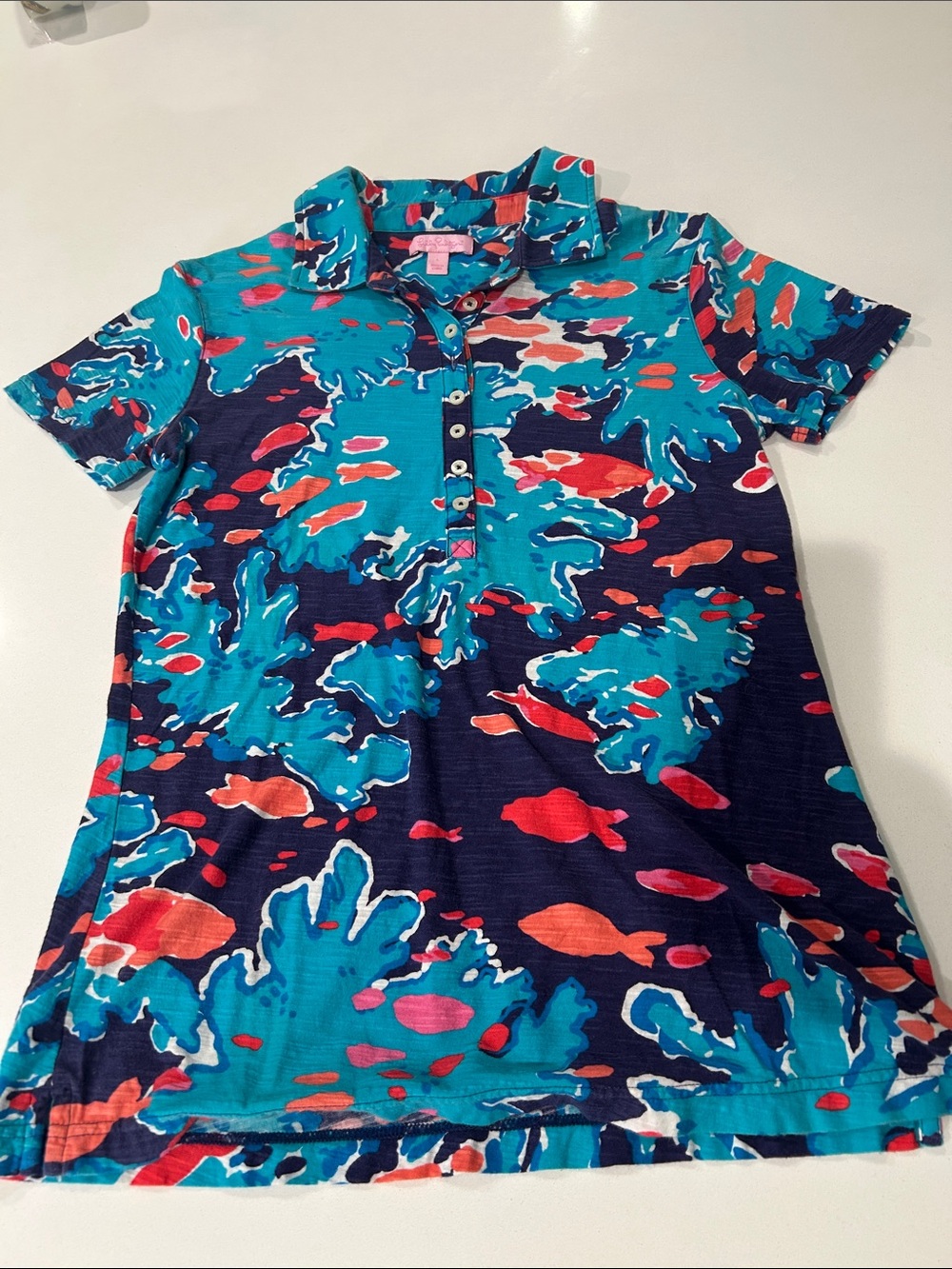 Lilly Pulitzer Short-Sleeve Polo Turquoise & Navy Print